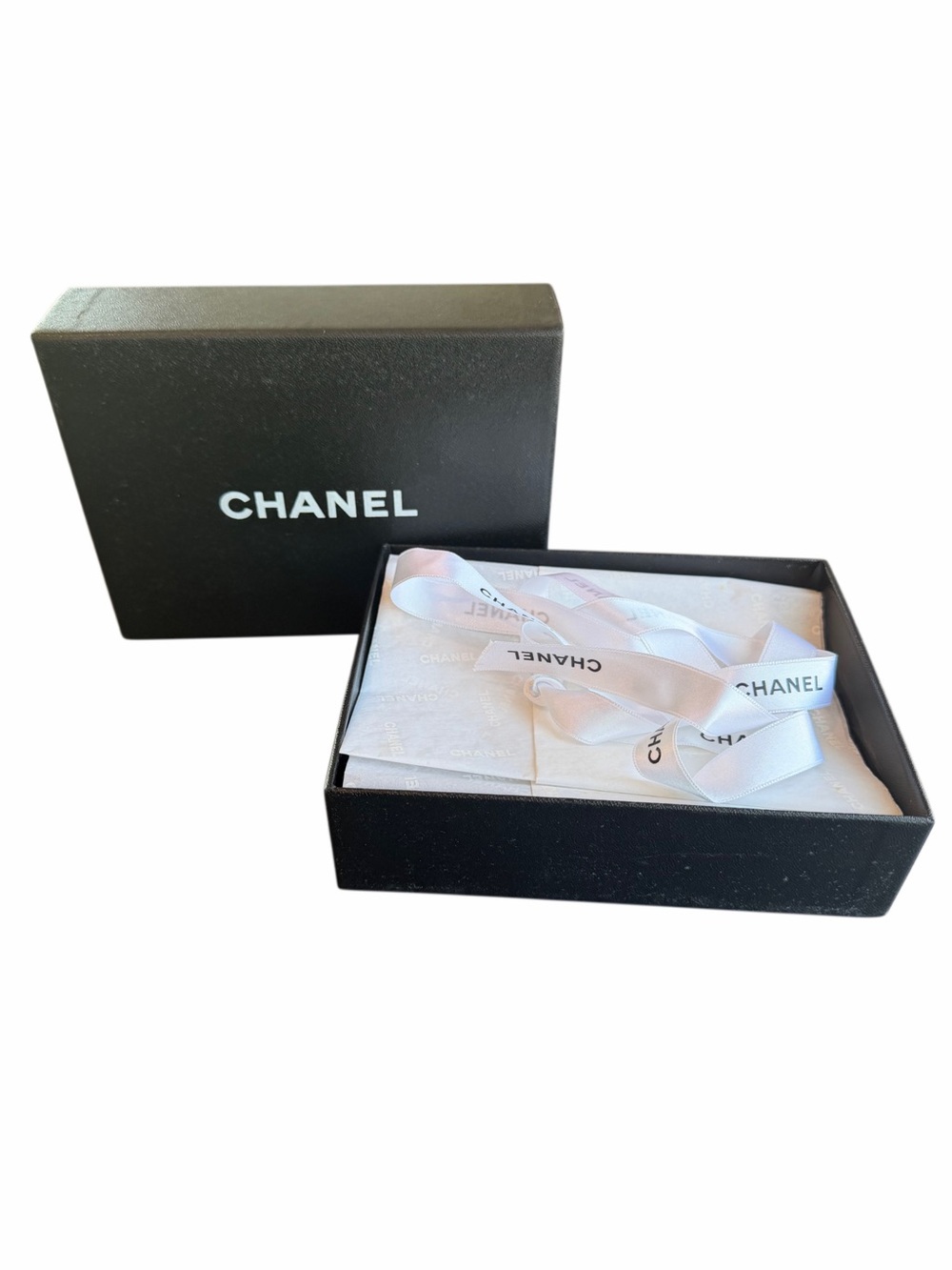 CHANEL Black Empty Box with White Branded Ribbon and Tissue Paper